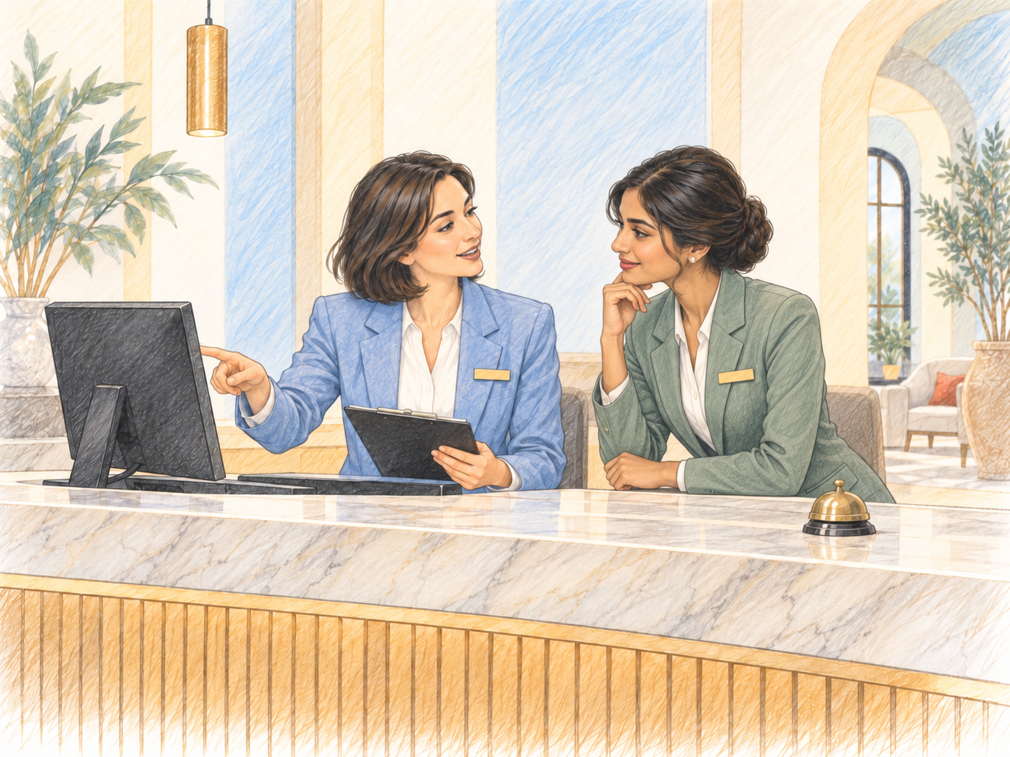 Illustration de deux collègues échangeant les consignes à la réception d’un hôtel