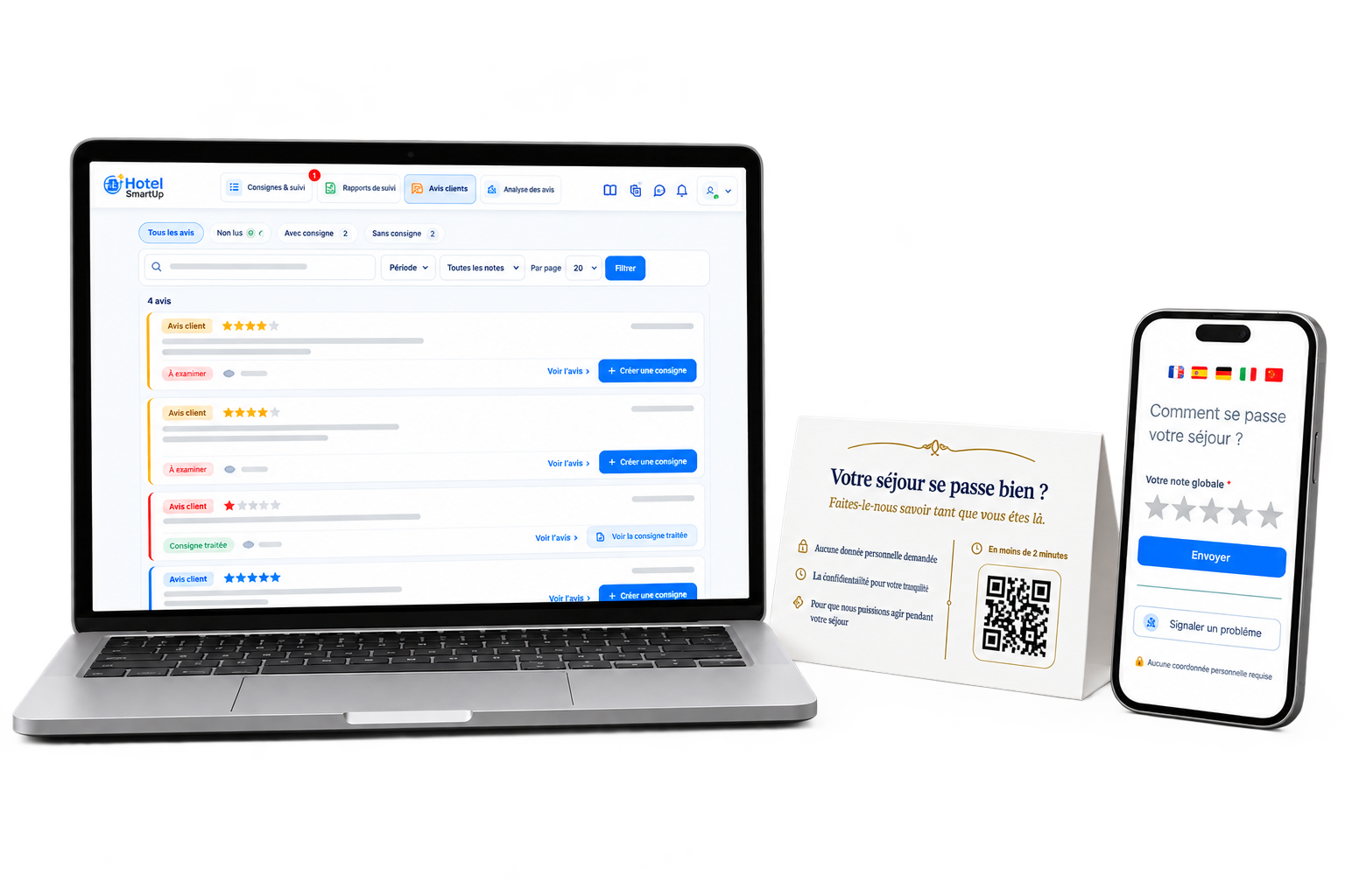 Liste des retours clients, support QR et formulaire sur téléphone
